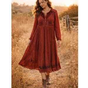 Vintage MPH Boho Patchwork Dress Rust Red Embroidered Midi Size L Festival Folk